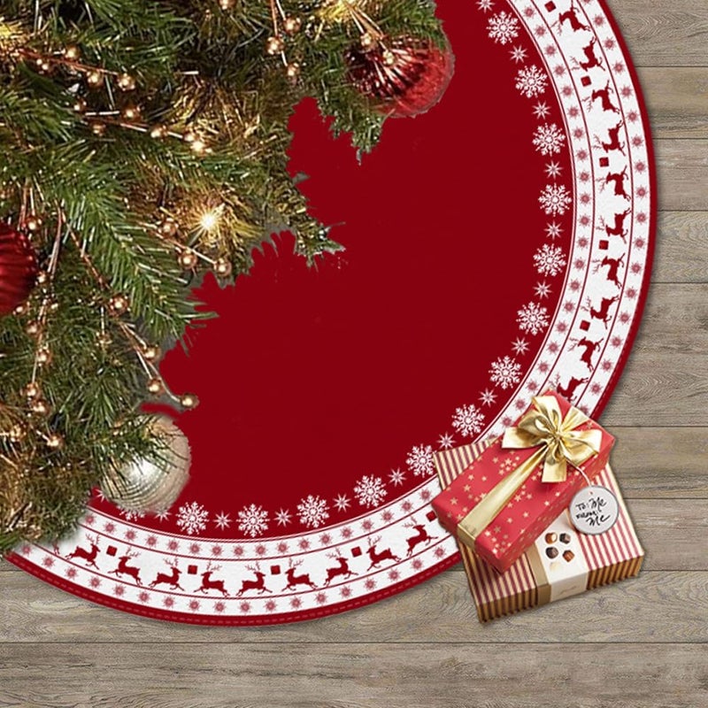 WNYLEPL Christmas Tree Skirt, Red Tree Skirts 48 Inch with Snowflake Reindeer Rustic Farmhouse Xmas Tree Skirt Christmas Decorations for Holiday Party Decor - Image 1